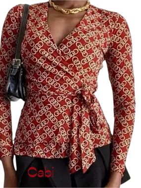 Cabi Rust Chain-Print Long Sleeve Wrap Top NWOT Size M